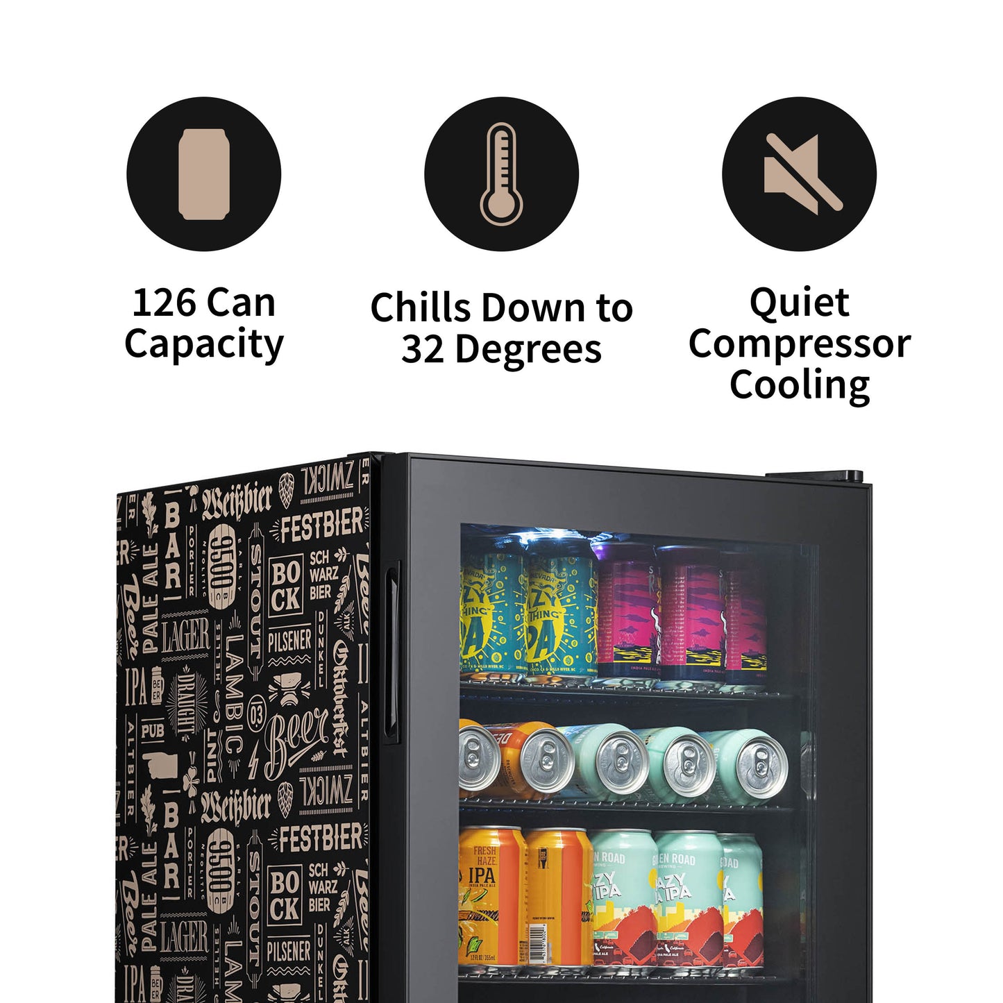 Newair “Beers of the World” Custom Designed Freestanding 126 Can Beer Fridge with SplitShelf™ AB-1200BC1-Beverage Fridges-The Wine Cooler Club