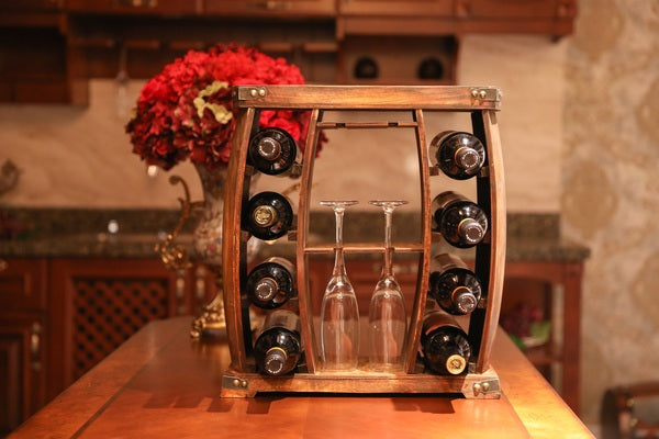 Decorative Wooden 8 Bottle Rustic Wine Rack with Glasses Holder QI003606-Wine Bottle Holders-The Wine Cooler Club