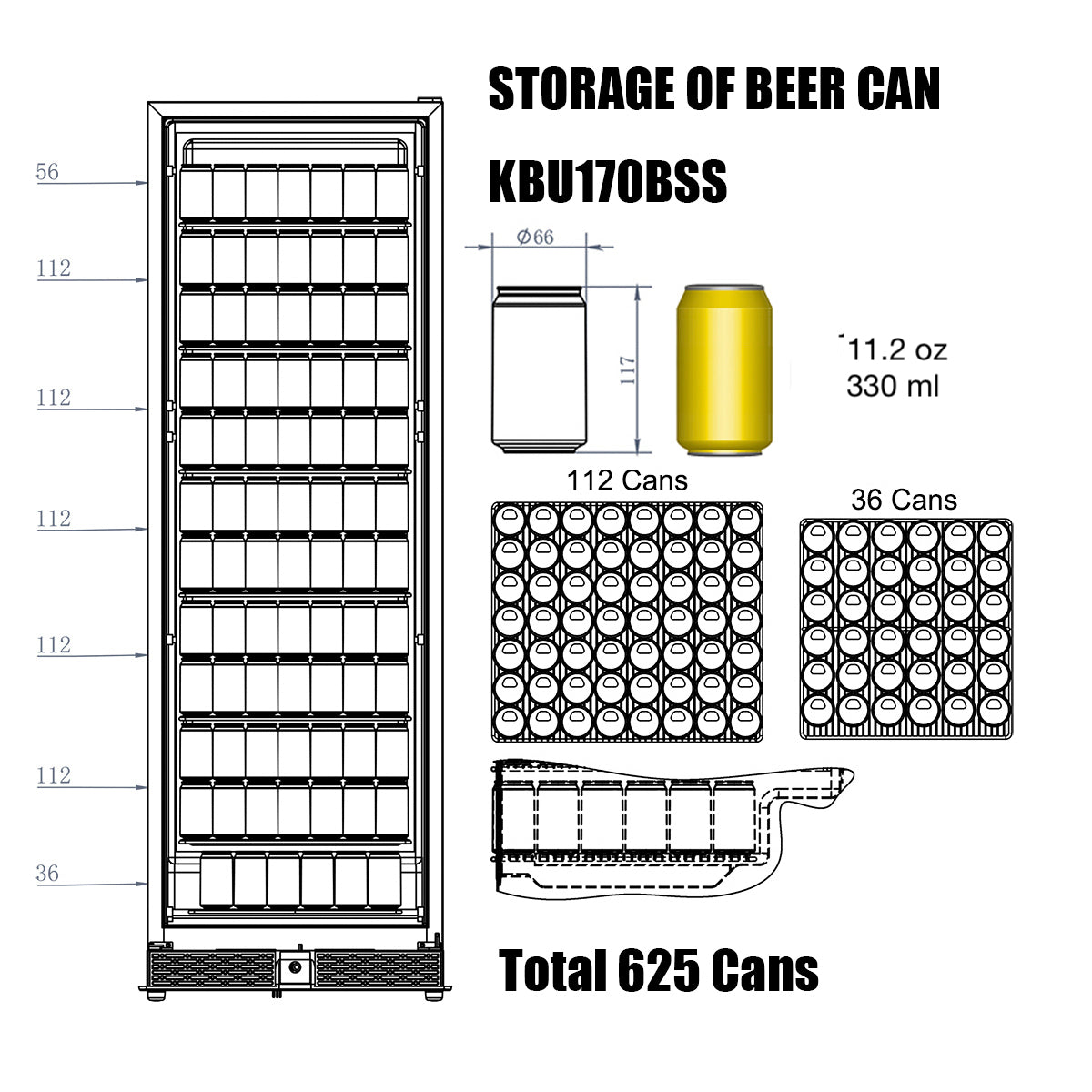 Kingsbottle 72" Large Beverage Refrigerator With Clear Glass Door KBU170BX-SS, RHH-Wine Coolers-The Wine Cooler Club